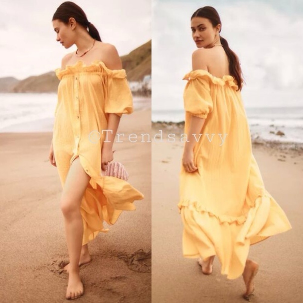 Anthropologie Yellow Cotton Gauze Off Shoulder Ruffle Maxi Dress Medium Bohemian